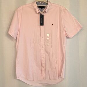 Tommy Hilfiger Men’s Light Pink Short Sleeve Button Down Shirt Logo NWT Size L